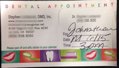 An example of a dental appointment card.