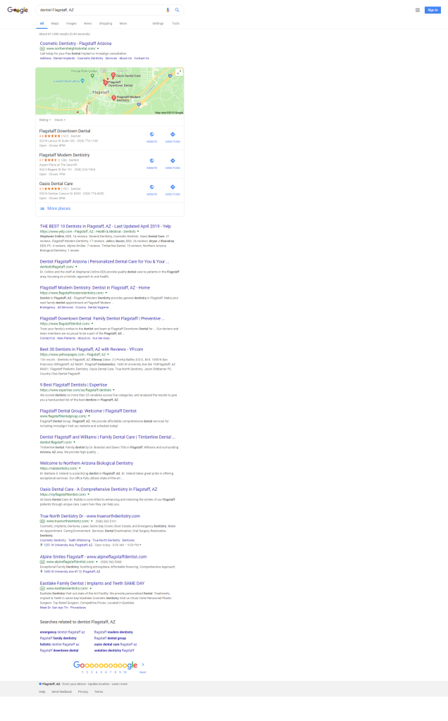 A typical Google search engine results page in 2019.