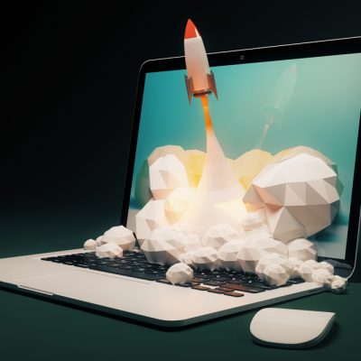 website speed optimization - rocket launching from a computer
