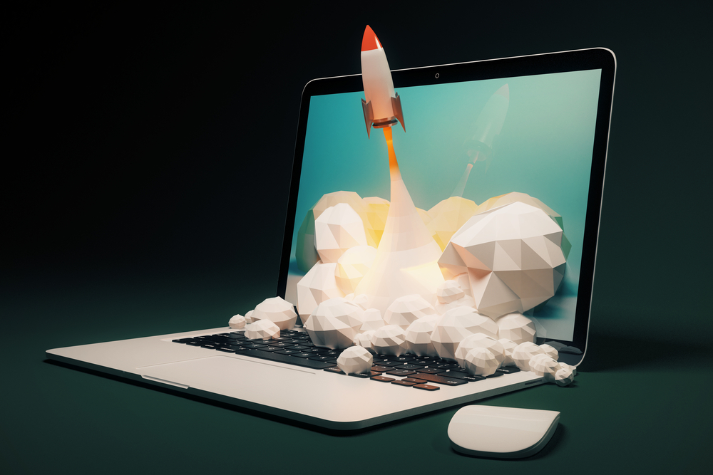 website speed optimization - rocket launching from a computer