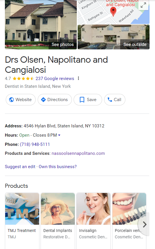 Drs. Olsen, Napolitano, and Cangialosi Google listing