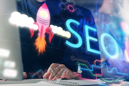 A rocket taking off from a a website for SEO